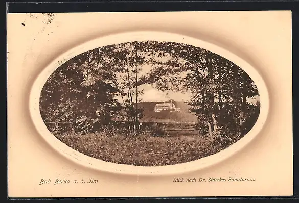 Präge-AK Bad Berka a. d. Ilm, Blick nach Dr. Starckes Sanatorium, Passepartout