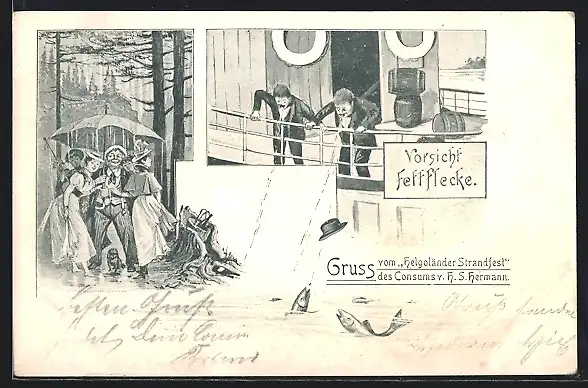 Lithographie Berlin-Wedding, Helgoländer Strandfest des Consums v. H. S. Hermann, Zwei Männer kotzen vom Schiff