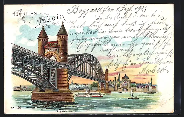Lithographie Bonn /Rhein, Rheinbrücke