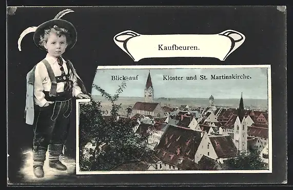 Passepartout-AK Kaufbeuren, Teilansicht mit Kloster und Marienkirche aus der Vogelschau, Trachtenjunge