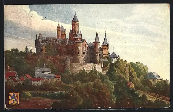 Künstler-AK Braunfels, Blick zum Schloss, Wappen