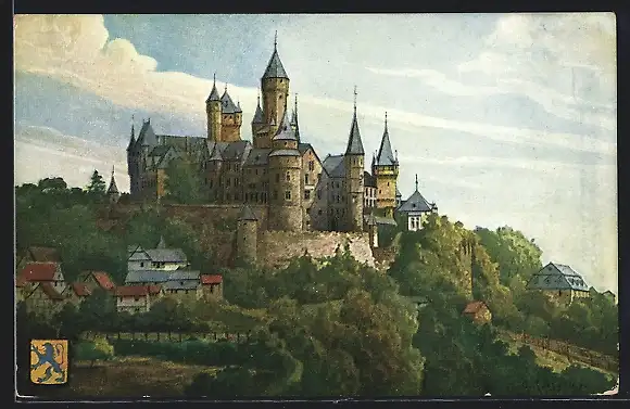 Künstler-AK Braunfels, Blick zum Schloss, Wappen