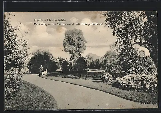 AK Berlin-Lichterfelde, Parkanlagen am Teltowkanal mit Kriegerdenkmal
