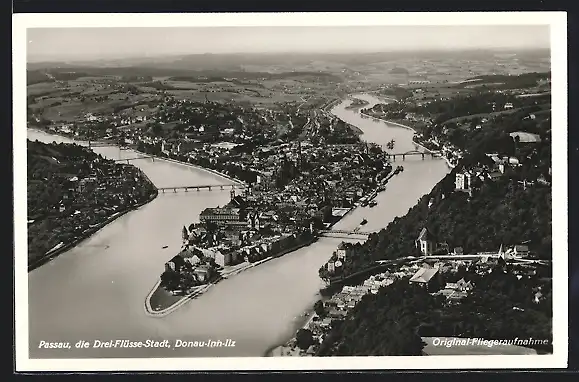 AK Passau, Teilansicht mit Donau-Inn-Ilz, Fliegeraufnahme