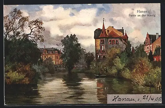 Künstler-AK Hanau, Partie an der Kinzig