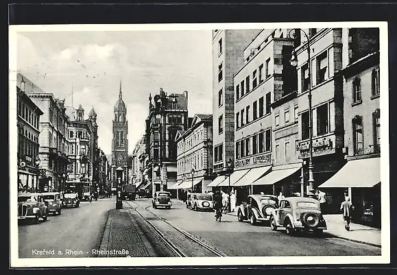 AK Krefeld a. Rhein, Rheinstrasse mit Geschäften