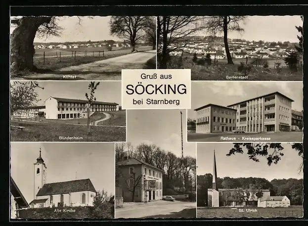 AK Söcking / Starnberg, Blindenheim, Rathaus & Kreissparkasse, St. Ulrich Kirche, Alte Kirche