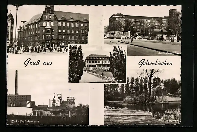 AK Gelsenkirchen, Hans-Sachs-Haus, Zeche Graf Bismarck, Stadtgarten, Schloss Berge