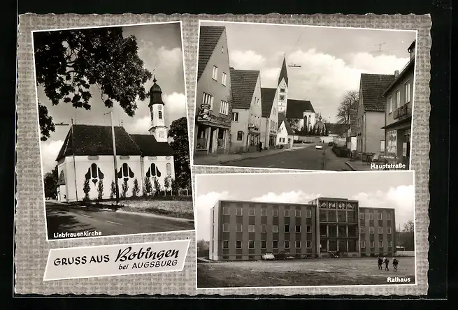 AK Bobingen, Schule, Kirche und Strassenpartie