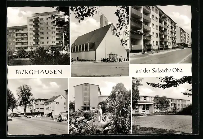 AK Burghausen / Salzach, Kirche, Schule, Wohnhäuser