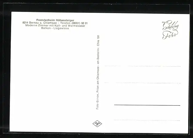 AK Bernau / Chiemsee, Pension Höhensteiger, Aussen- und Innenansichten, Ortspanorama