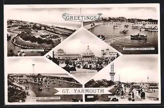 AK Gt. Yarmouth, Wellington Pier Gardens, North Beach & Tower, Venetian Waterways