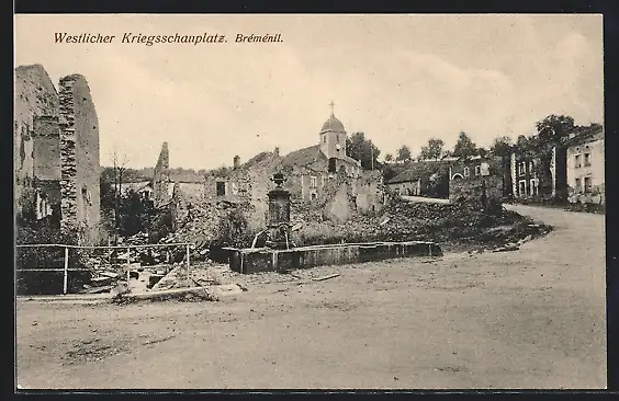 AK Bréménil, Westlicher Kriegsschauplatz, Strassenpartie mit zwerstörten Häusern und Kirche