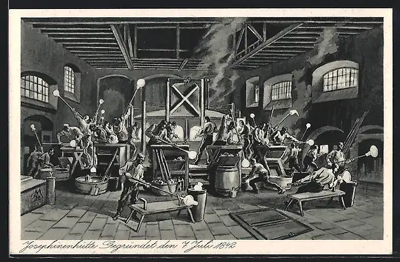 AK Ober-Schreiberhau, Kunstglasfabrik Josephinenhütte, gegr. 1842, Arbeiter bei der Glasherstellung