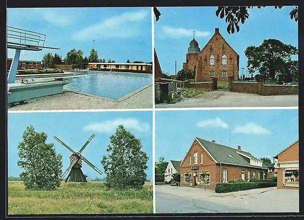 AK Ihlow-Riepe, Windmühle, Kirche, Freibad, Strasse mit Geschäft