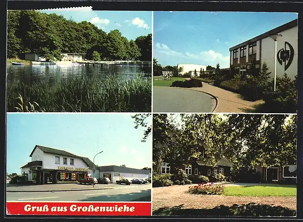 AK Grossenwiehe bei Flensburg, Strassenpartie mit Kaufhaus, Ortspartie, Uferpartie