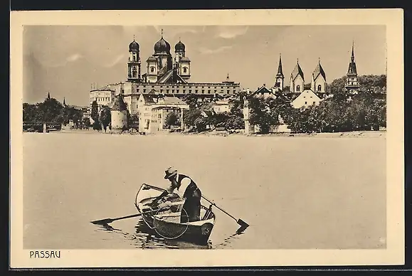 AK Passau, Blick zum Schloss mit Boot