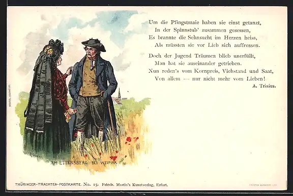 Lithographie Um die Pfingstmaie, Paar in thüringischer Tracht