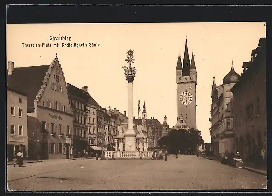 AK Straubing / Bay. Ostmark, Theresienplatz mit Dreifaltigkeits-Säule