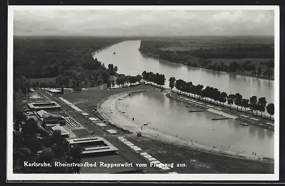 AK Karlsruhe, Rheinstrandbad Rappenwört, Fliegeraufnahme