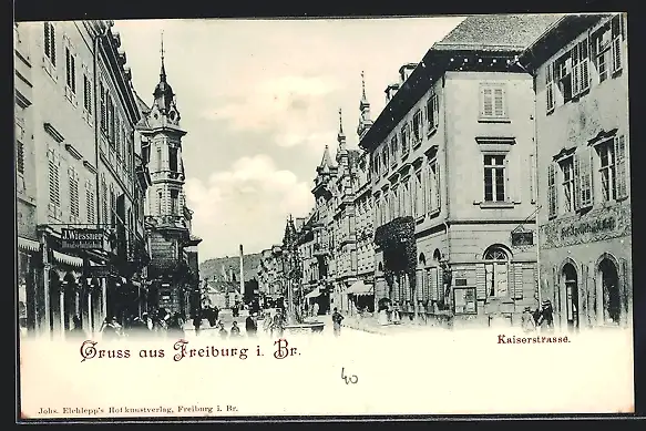 AK Freiburg i. Br., Kaiserstrasse mit Geschäften