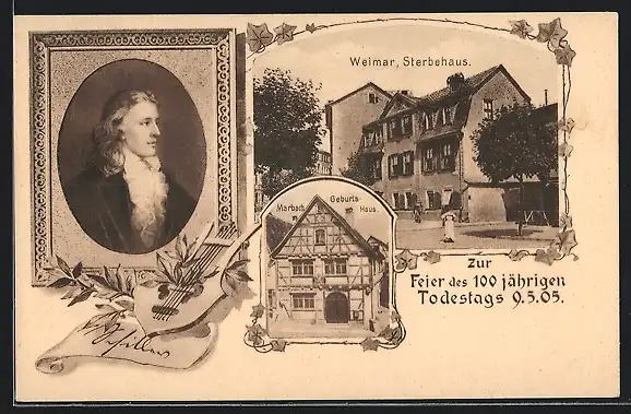 AK Portrait von Friedrich Schiller mit seinem Geburts- und Sterbehaus