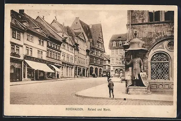 AK Nordhausen, Markt mit Geschäften und Roland