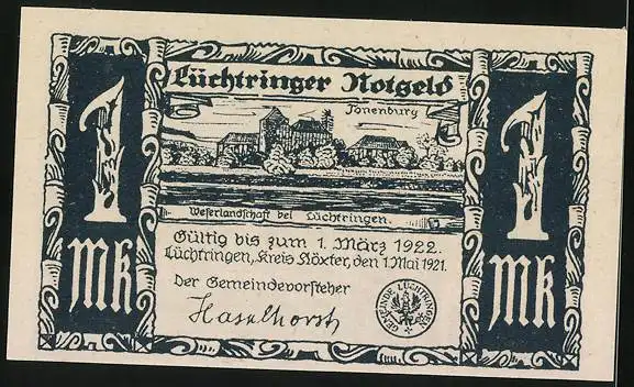 Notgeld Lüchtringen 1921, 1 Mark, Zehnten abliefernde Weiber vor Schloss Corvey, Tonenburg