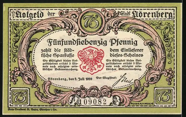 Notgeld Nörenberg 1920, 75 Pfennig, Hummer in Ketten