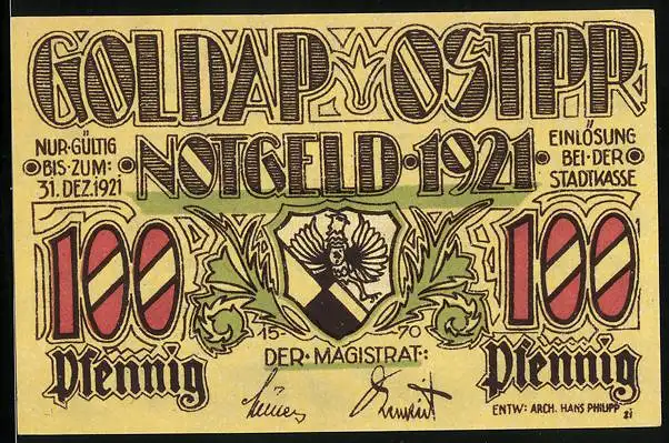 Notgeld Goldap /Ostpr. 1921, 1 Mark, Neues Wohnhaus, Goldap im Wiederaufbau 1916-21, Wappen