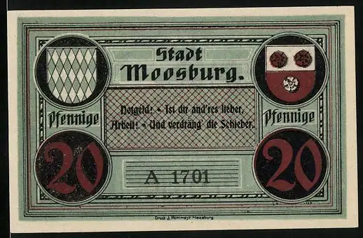 Notgeld Moosburg, 20 Pfennig, Stadtturm und Wappen