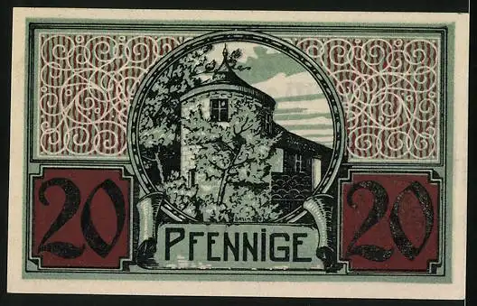 Notgeld Moosburg, 20 Pfennig, Stadtturm und Wappen