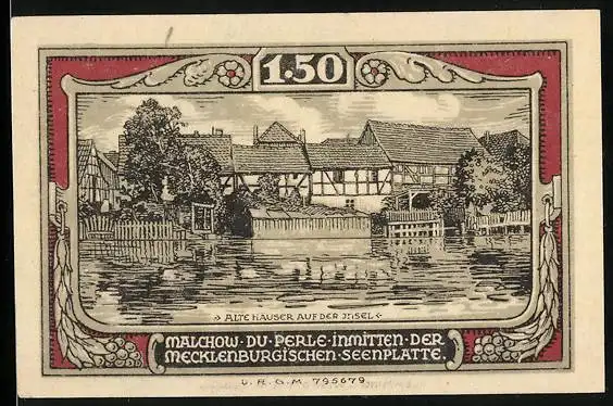 Notgeld Malchow, 1 Mark 50 Pfennig, Alte Häuser auf der Insel, Wappen