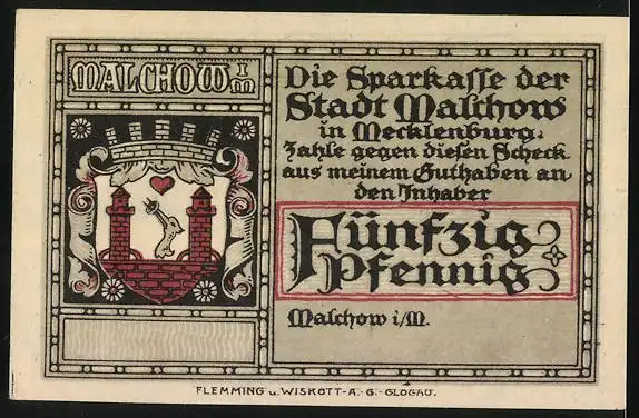 Notgeld Malchow, 50 Pfennig, Blick vom Erddamm auf das Kloster, Wappen