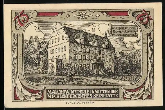 Notgeld Malchow, 75 Pfennig, Wirtschaftliche Frauenschule für Mecklenburg, Wappen