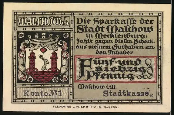 Notgeld Malchow, 75 Pfennig, Wirtschaftliche Frauenschule für Mecklenburg, Wappen