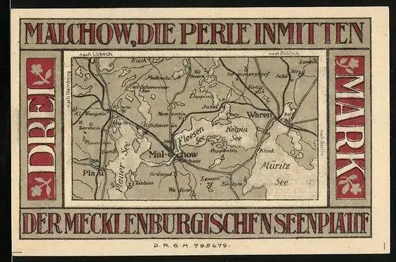 Notgeld Malchow, 3 Mark, Landkarte mit umliegenden Ortschaften, Kölpin See und Müritz See, Wappen