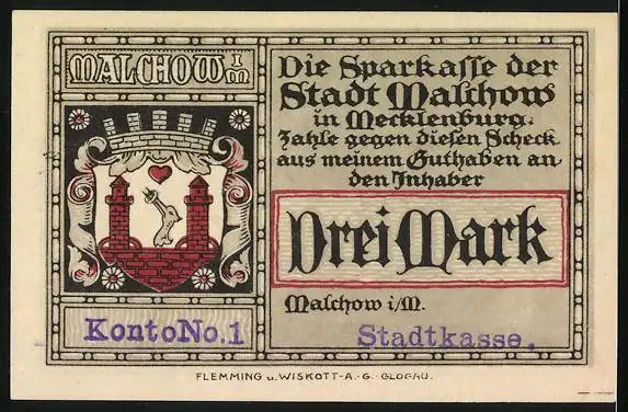 Notgeld Malchow, 3 Mark, Landkarte mit umliegenden Ortschaften, Kölpin See und Müritz See, Wappen