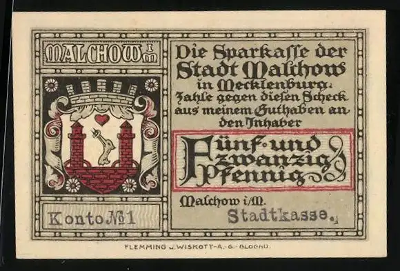 Notgeld Malchow, 25 Pfennig, Stadt und Kloster Malchow, Wappen