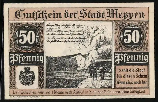 Notgeld Meppen 1921, 50 Pfennig, Rathaus und Schiessplatz