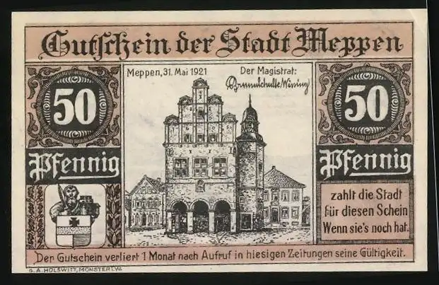Notgeld Meppen 1921, 50 Pfennig, Rathaus und Schiessplatz