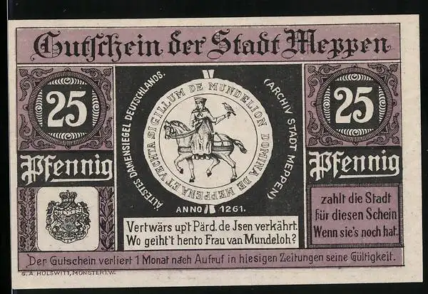Notgeld Meppen 1921, 25 Pfennig, Rathaus, Ältestes Damensiegel Deutschlands anno 1261