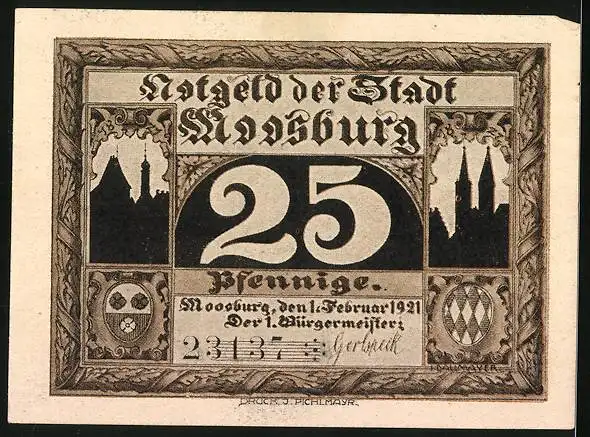 Notgeld Moosburg 1921, 25 Pfennig, Ampertor, Wappen