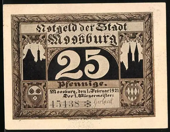 Notgeld Moosburg 1921, 25 Pfennig, Münchenertor, Wappen