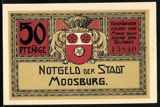 Notgeld Moosburg, 50 Pfennig, Stadtansicht und Wappen