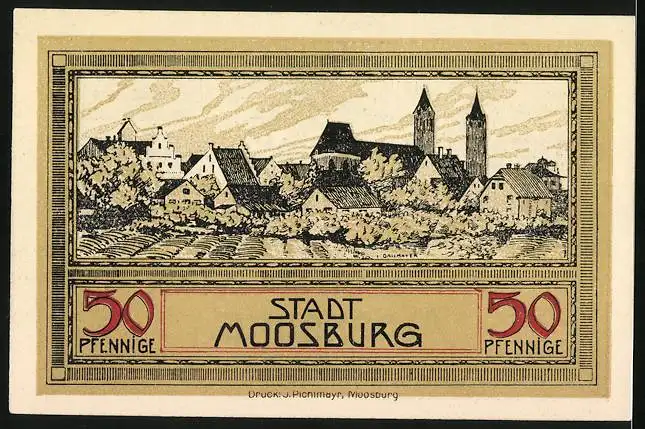 Notgeld Moosburg, 50 Pfennig, Stadtansicht und Wappen