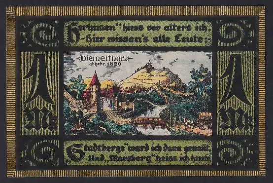 Notgeld Marsberg 1920, 1 Mark, Ortsansicht mit Diemelthor, Wappen