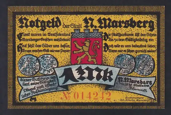 Notgeld Marsberg 1920, 1 Mark, Ortsansicht mit Diemelthor, Wappen