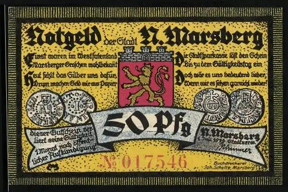 Notgeld Marsberg 1920, 50 Pfennig, Fachwerkhäuser und Wappen