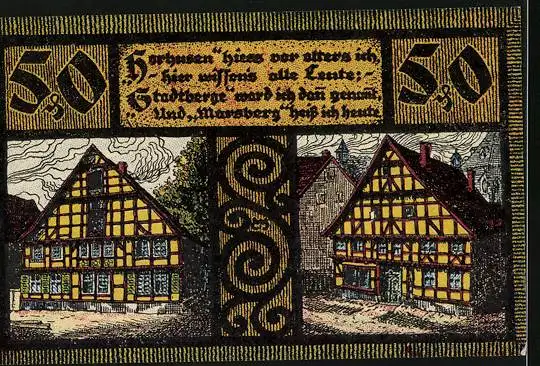 Notgeld Marsberg 1920, 50 Pfennig, Fachwerkhäuser und Wappen